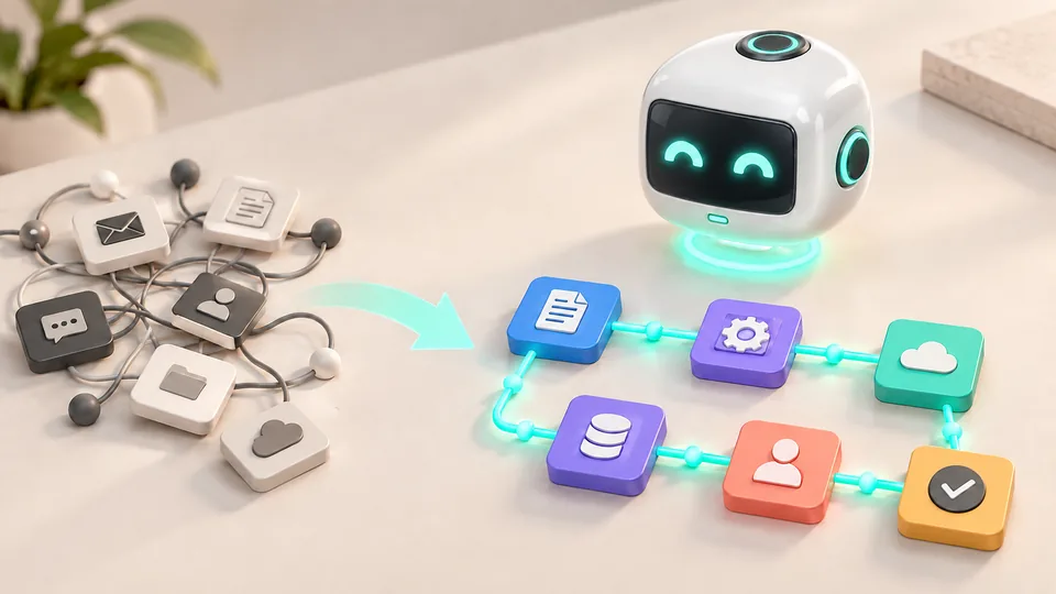 Illustration: a tangle of disconnected tools on one side becomes an ordered, colour-coded operation map on the other.