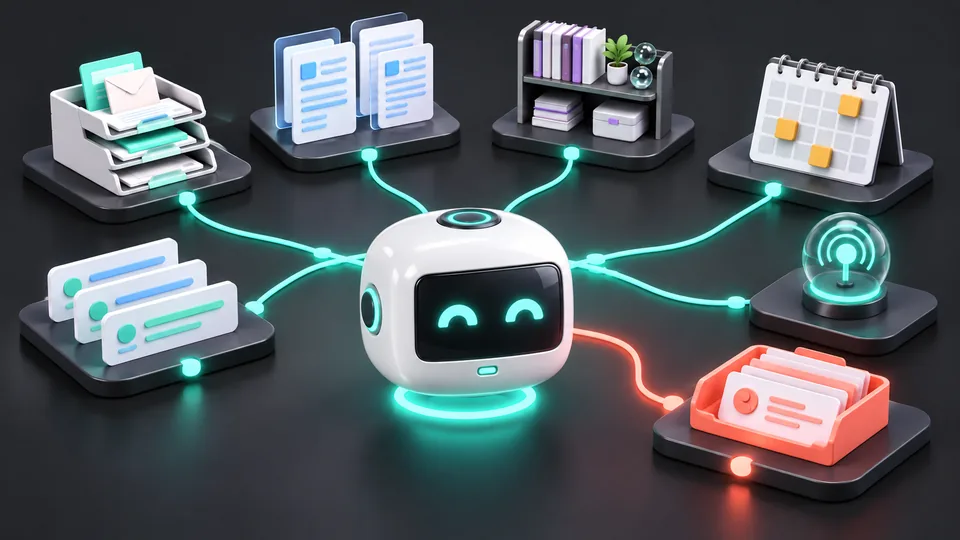 Illustration: the helper bot at the centre of one connected workstation — inbox, files, records and calendar — with one item routed to a coral review tray.