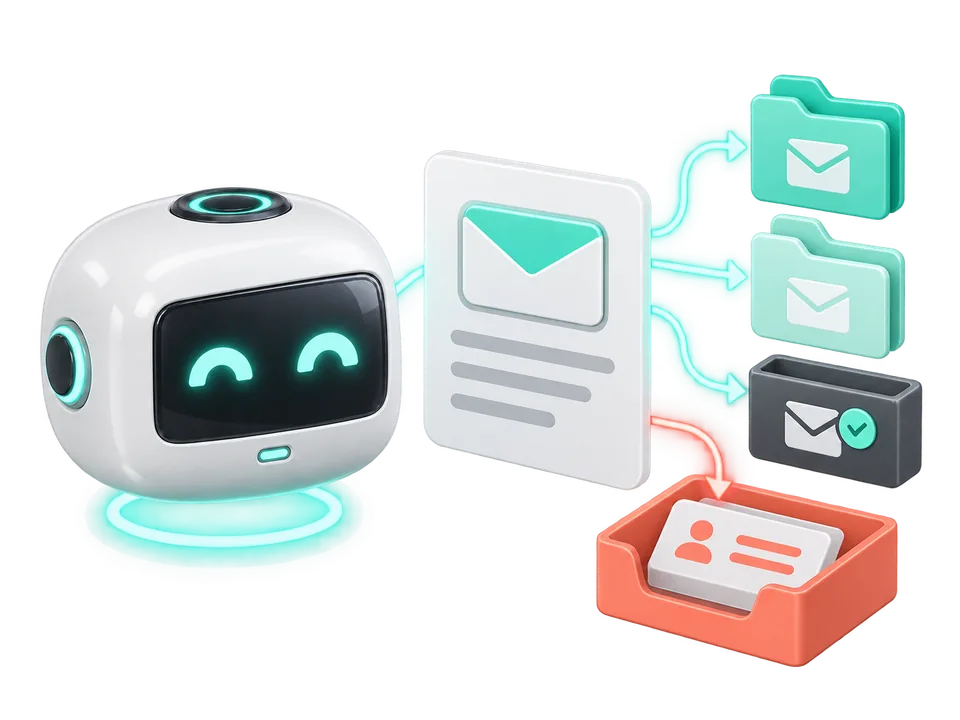 Illustration: the helper bot sorts email into folders and an archive, and routes an item needing attention to a coral human-review tray.