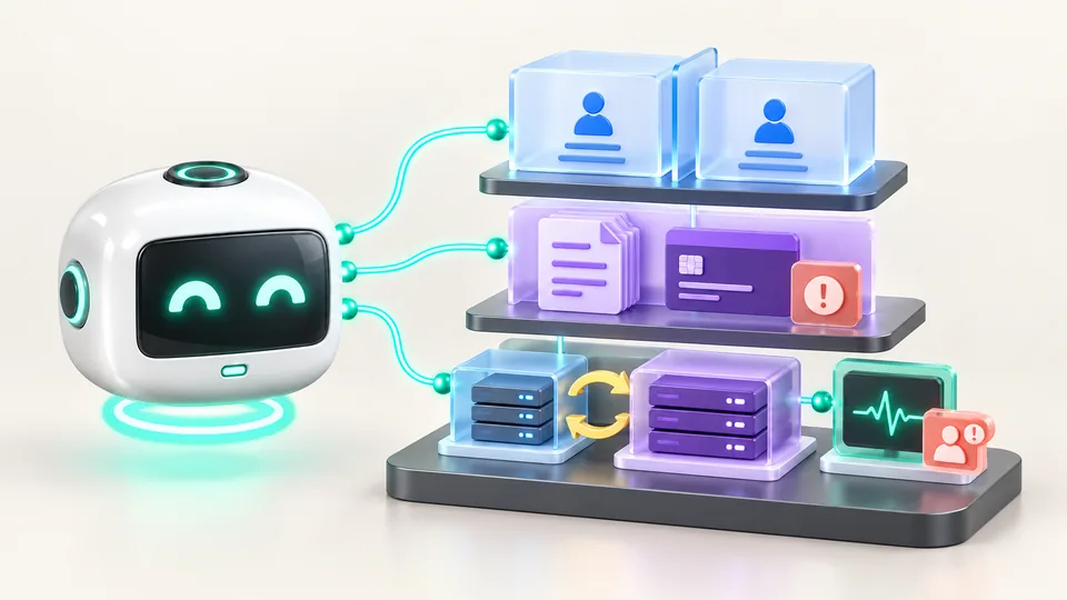 Illustration: the foundations behind a product — separated customer accounts, billing with an exception flagged for a person, paired environments, and monitoring.