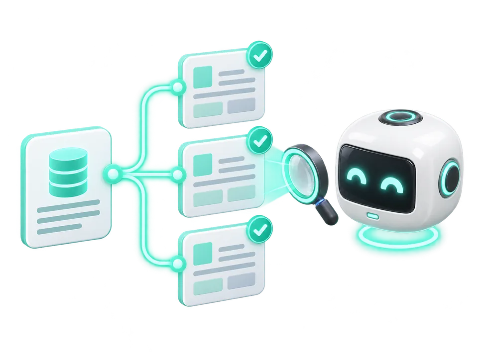 Illustration: one record feeds several documents, each checked off as the helper bot reviews them.