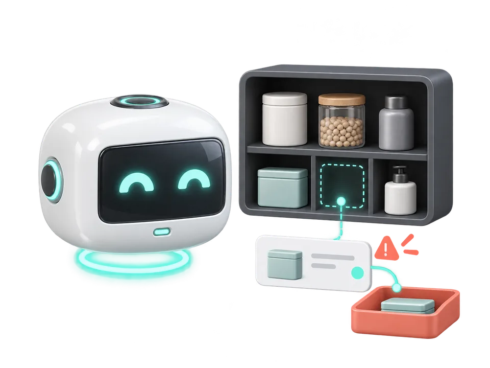 Illustration: the helper bot watches a stock shelf and flags an empty slot to the owner.