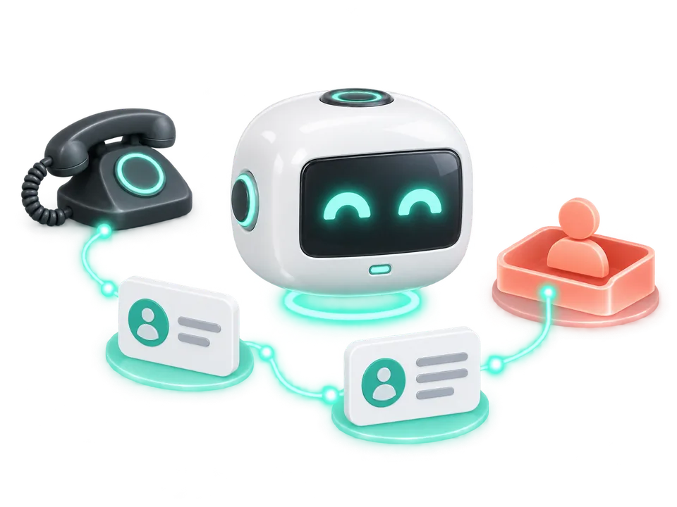 Illustration: the helper bot turns an incoming call into lead cards and routes one to a person.