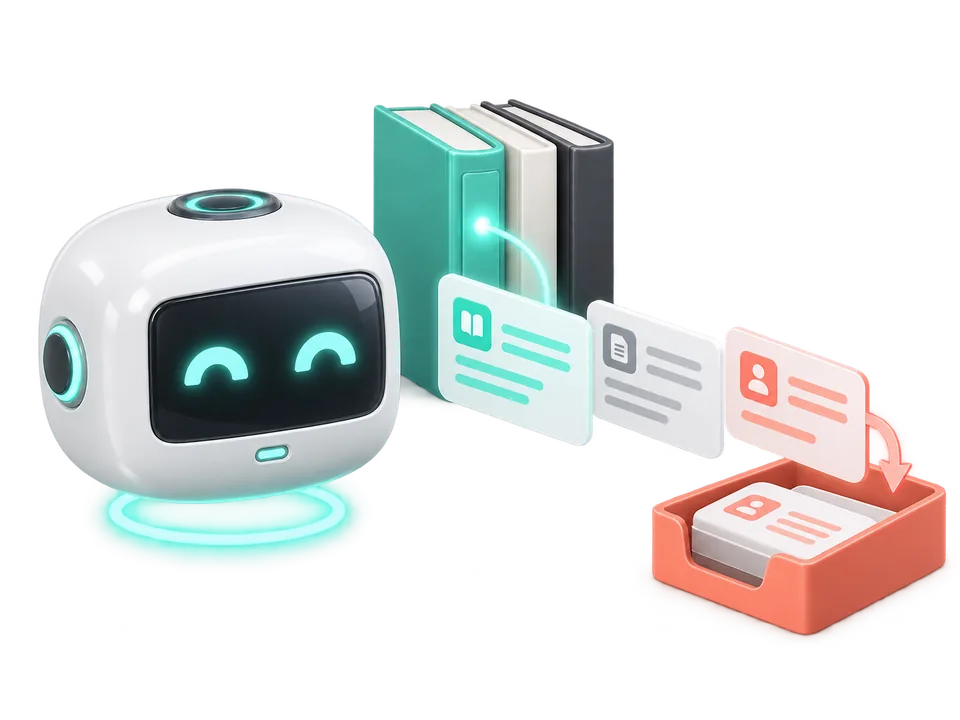 Illustration: the helper bot answers from a shelf of your own documents and passes an unclear question to a person.